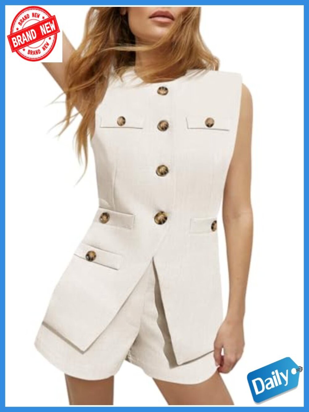Women's 2 Piece Linen Vest and Shorts Set Sleeveless Button Office Business